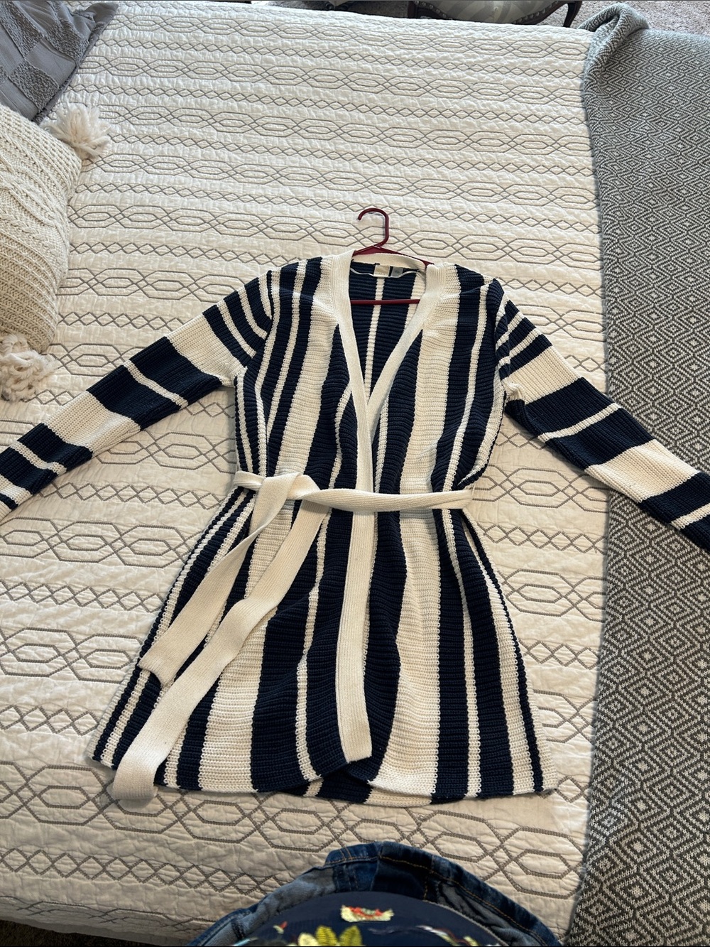Roxy Navy and White Striped Knit Cardigan with Belt